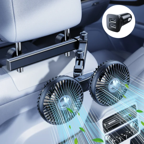 Hipacool 2024 mise à niveau ventilateur de voiture enfichable ou batterie ventilateur à double tête vent fort son silencieux crochet de stockage de voiture ventilateur de refroidissement de voiture Flexible