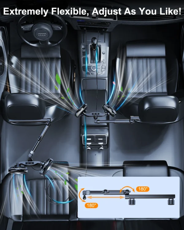 Hipacool 2024 mise à niveau ventilateur de voiture enfichable ou batterie ventilateur à double tête vent fort son silencieux crochet de stockage de voiture ventilateur de refroidissement de voiture Flexible – Image 4